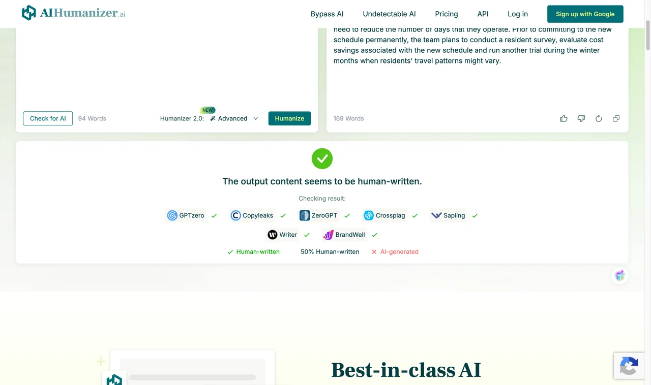 AIHumanizer.ai result captured during the shared benchmark