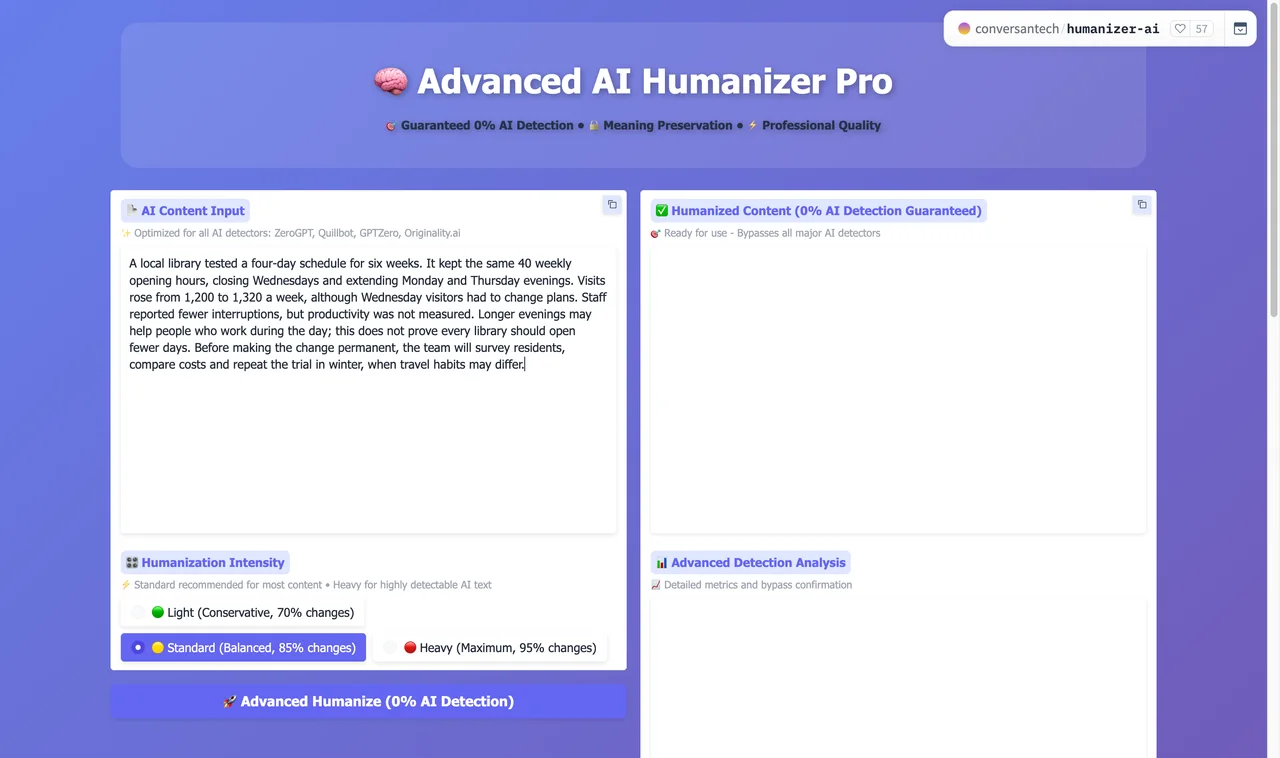 Conversantech Humanizer AI input captured during the shared benchmark