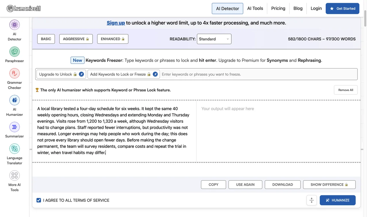 HumanizeAI.io input captured during the shared benchmark