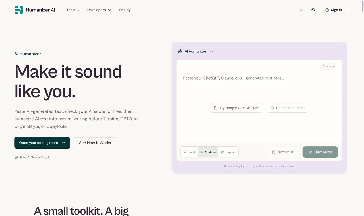 HumanizerAI website screenshot