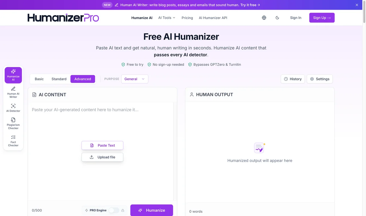 HumanizerPRO website screenshot