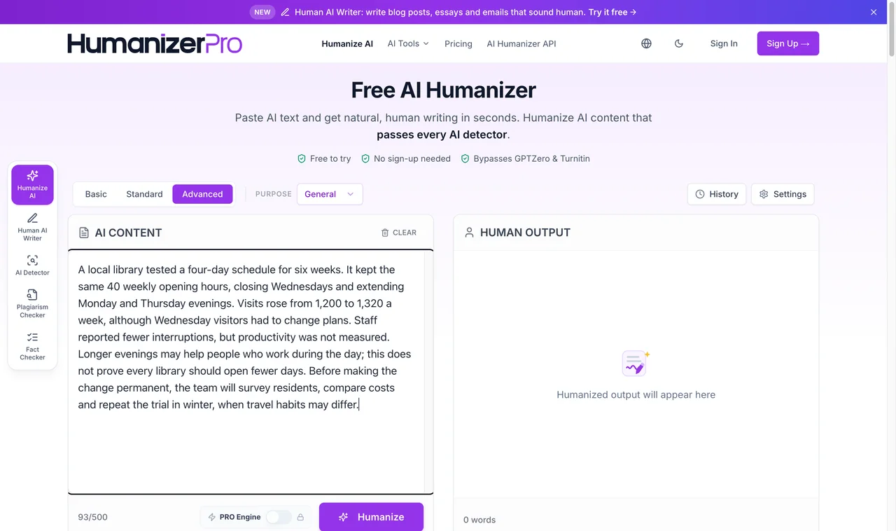 HumanizerPRO input captured during the shared benchmark