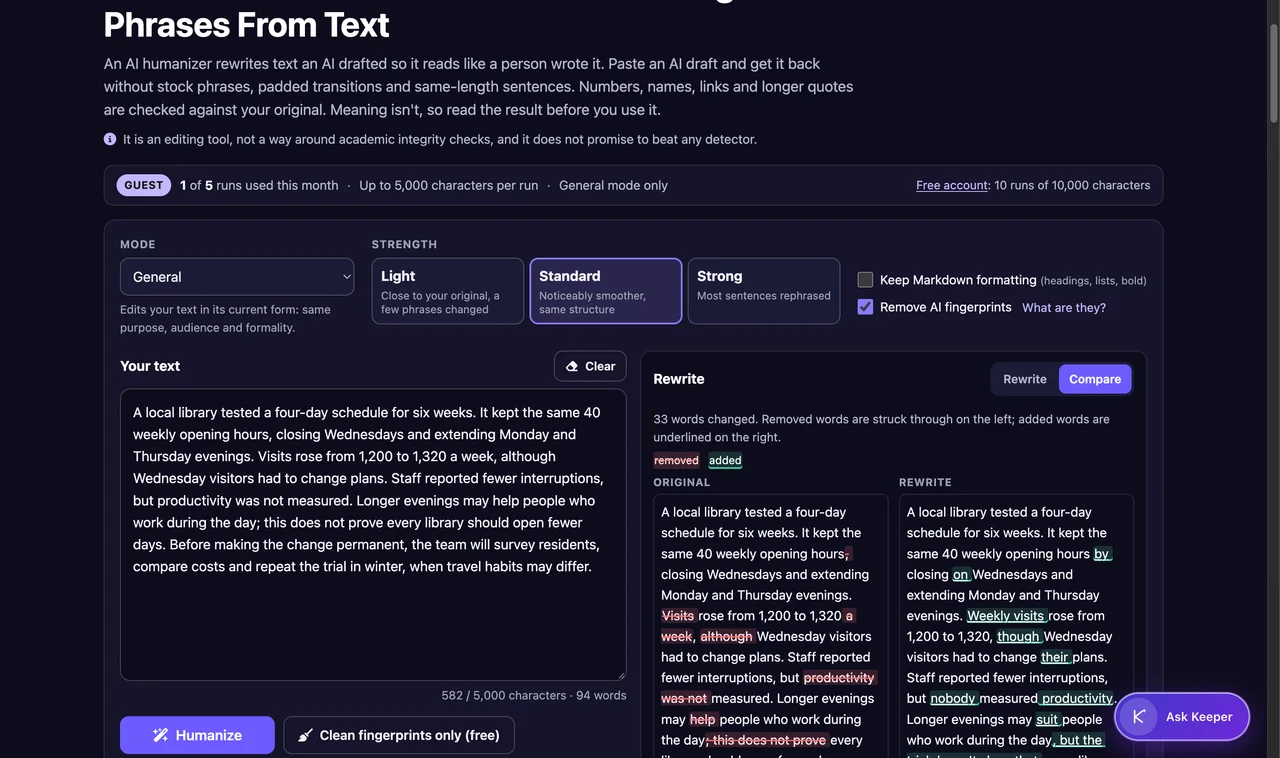 The Prompt Index Compare tab with inserted and deleted words