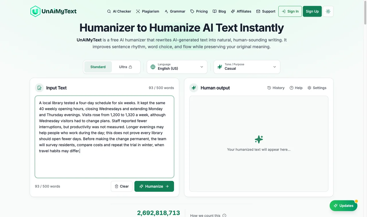 The complete library benchmark in UnAIMyText input